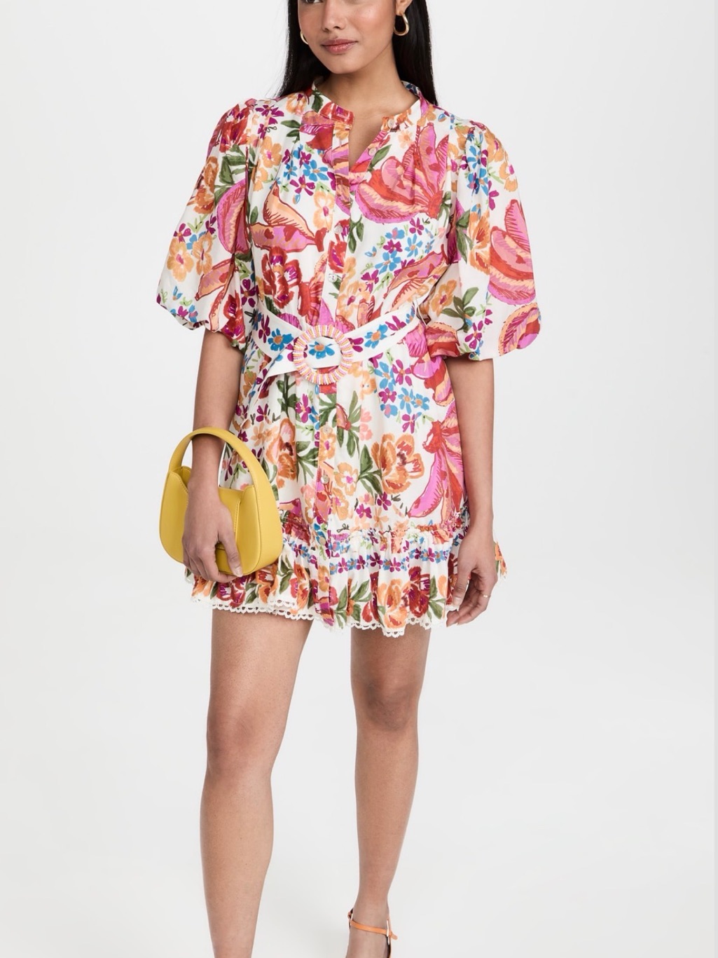 Farm Rio Floral Button-Front Sundress In White With Pink & Orange Print